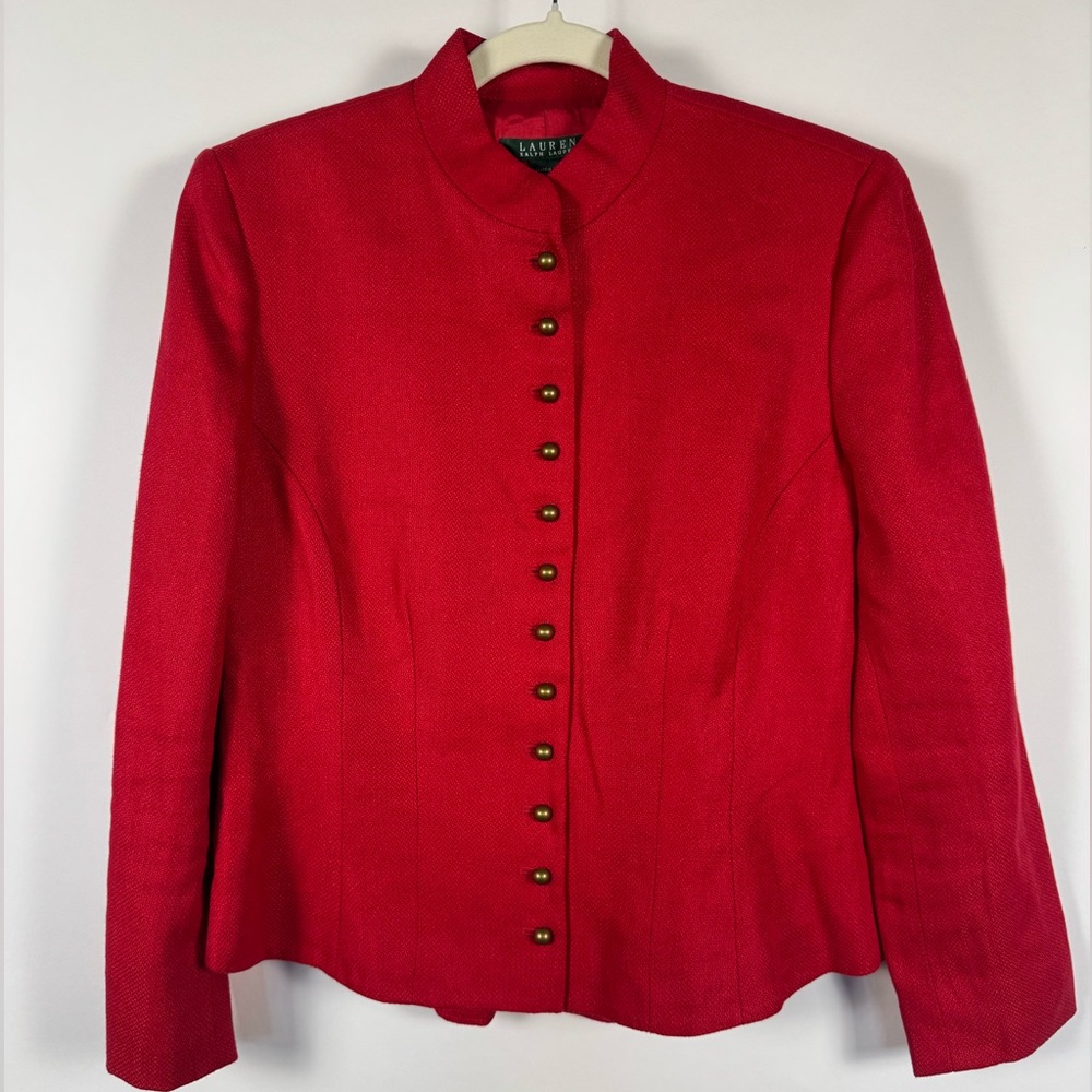 Lauren Ralph Lauren Red 100% Linen Military Jacket Size 10 Tailored Work Career